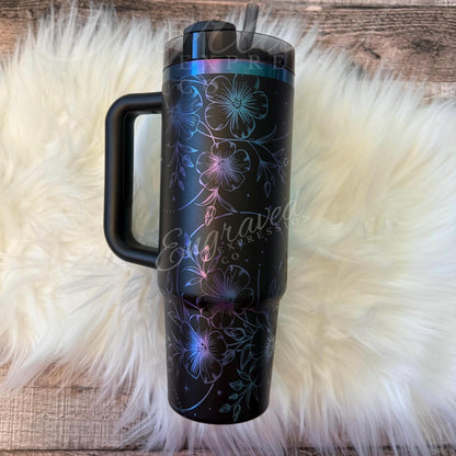 Engraved Stanley Tumbler | Black Chroma 40 oz Travel Mug with Boho Floral Design