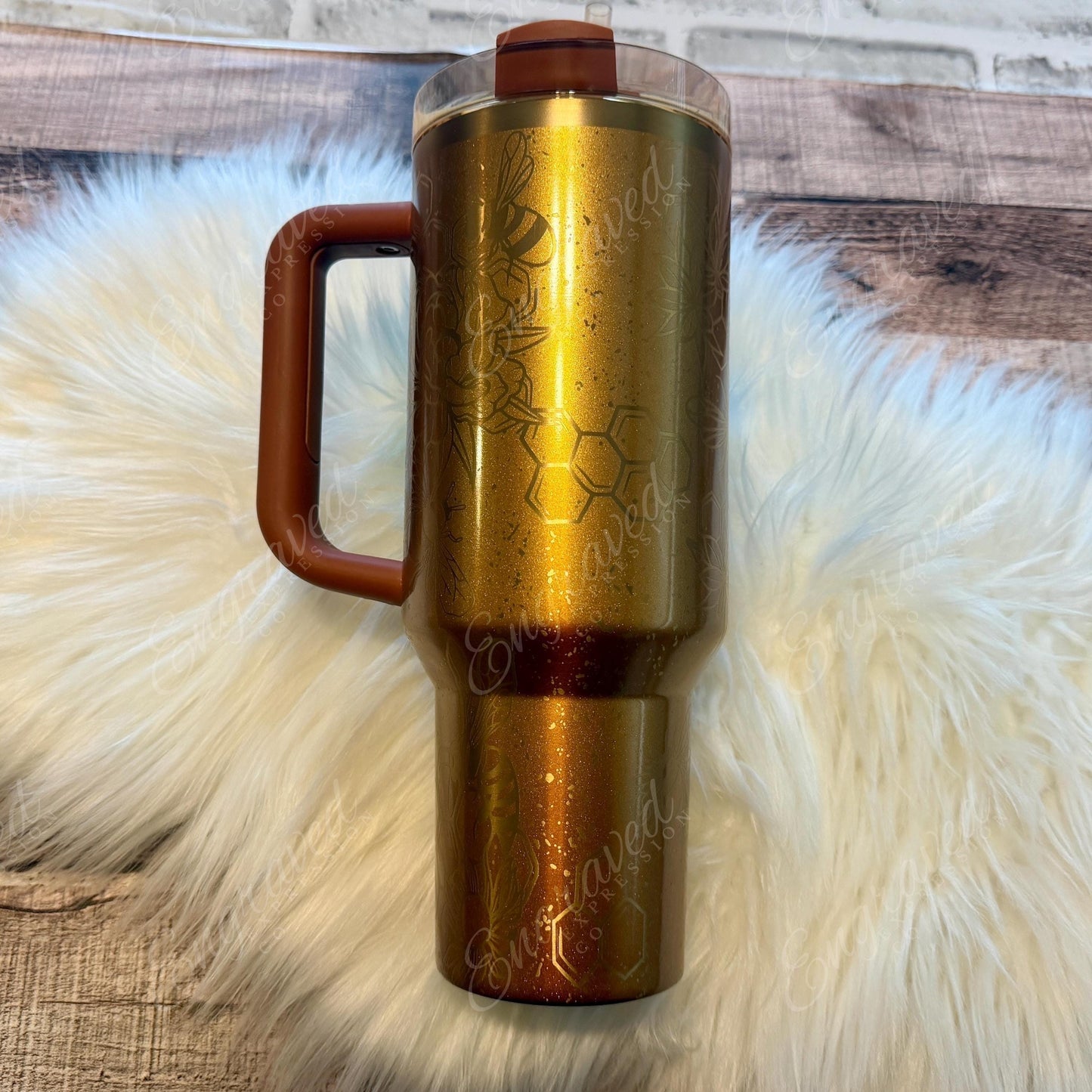 Copper Tinsel Stanley Tumbler - Custom Engraved Stainless Steel Travel Cup With Honeybee Design