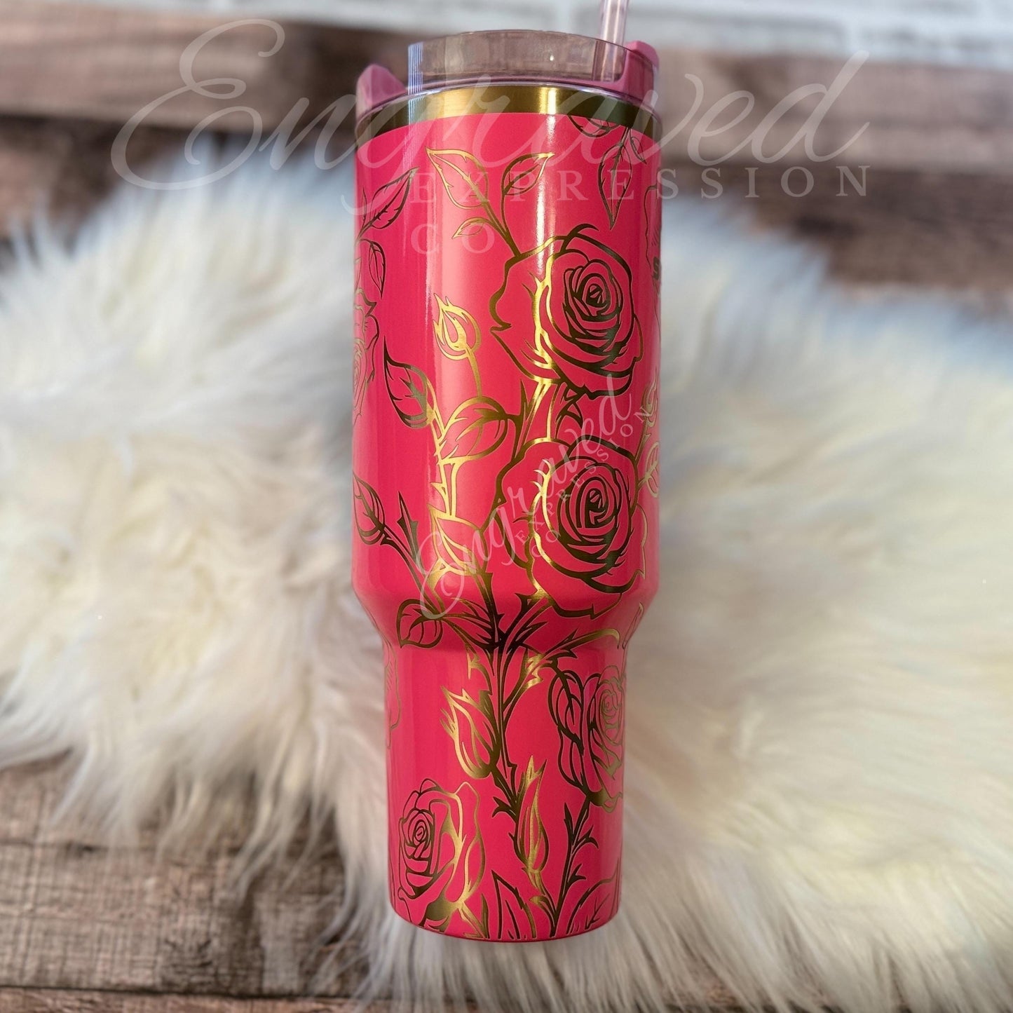 Engraved Stanley Tumbler | Pink Parade Floral Laser Etched Roses | Custom Gift