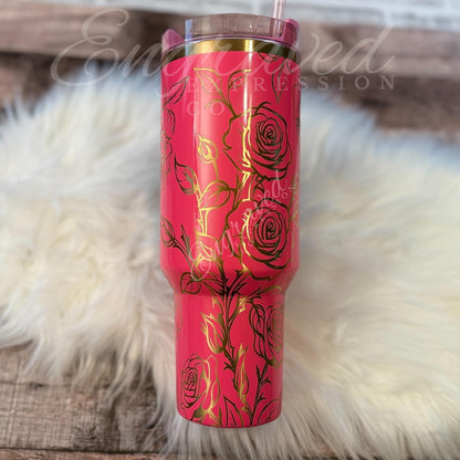 Engraved Stanley Tumbler | Pink Parade Floral Laser Etched Roses | Custom Gift