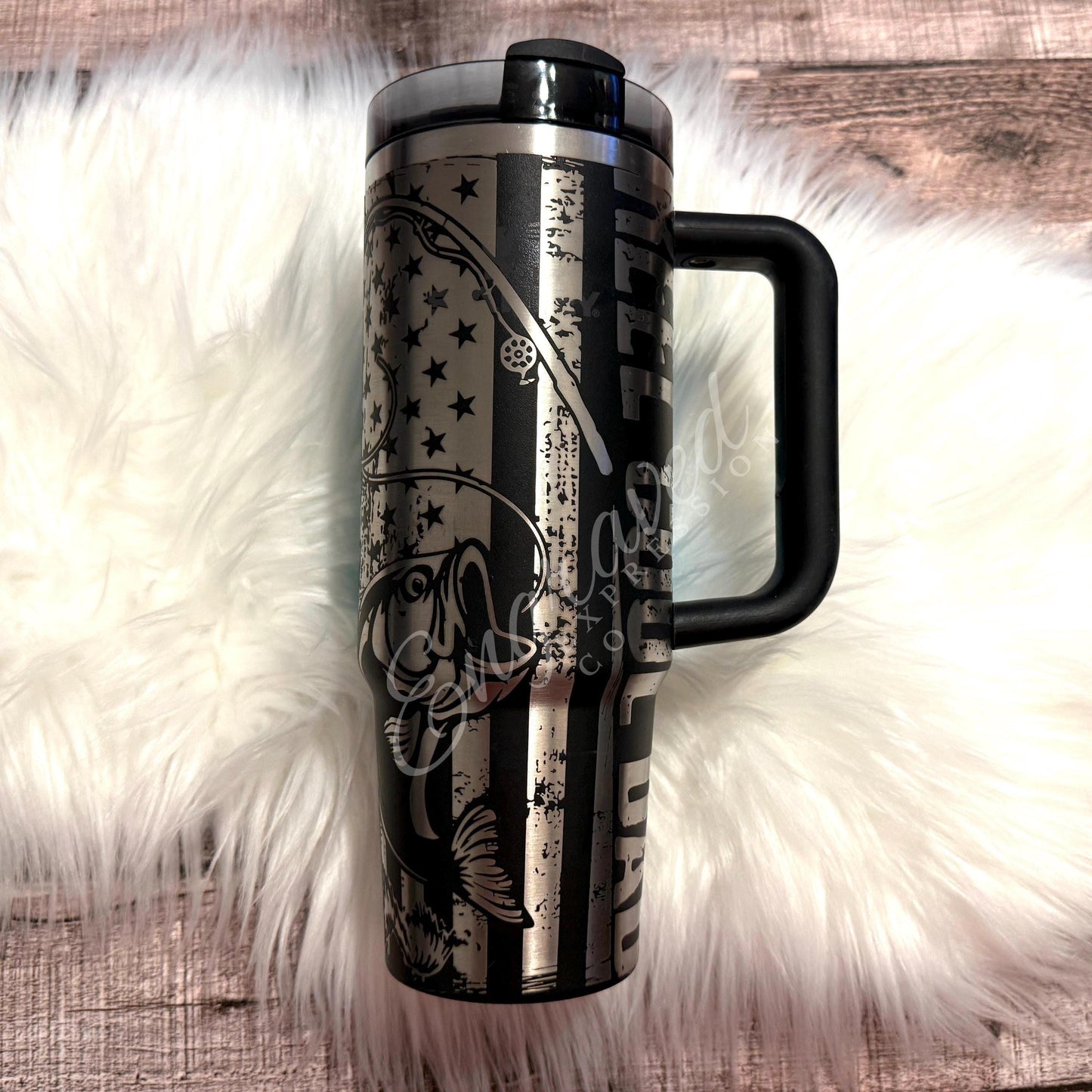 Engraved Stanley Tumbler | Custom Laser Fishing Design Cup - American Flag Full Wrap