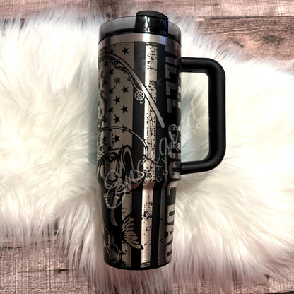 Engraved Stanley Tumbler | Custom Laser Fishing Design Cup - American Flag Full Wrap