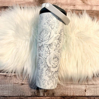 Engraved Owala Bottle - Floral Water Bottle With Rose And Larkspur Design | Vacuum Insulated