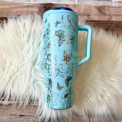 Engraved Floral Tumbler - Brumate EraFlip 40oz Custom Name Cup with Butterfly Flower Wrap