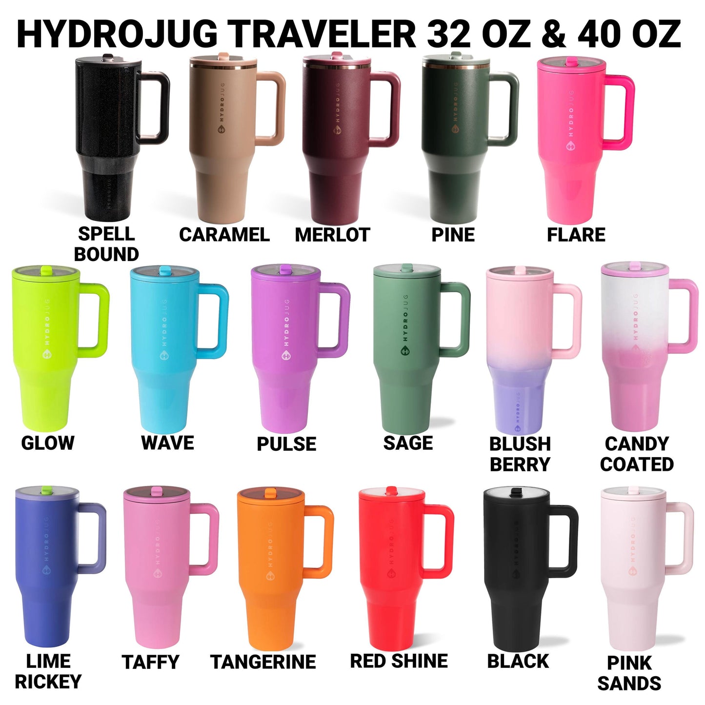 a collection of 12 colorful Hydrojugs, each with a unique color and design. The Hydrojugs are arranged in a grid pattern, showcasing a variety of colors and styles.