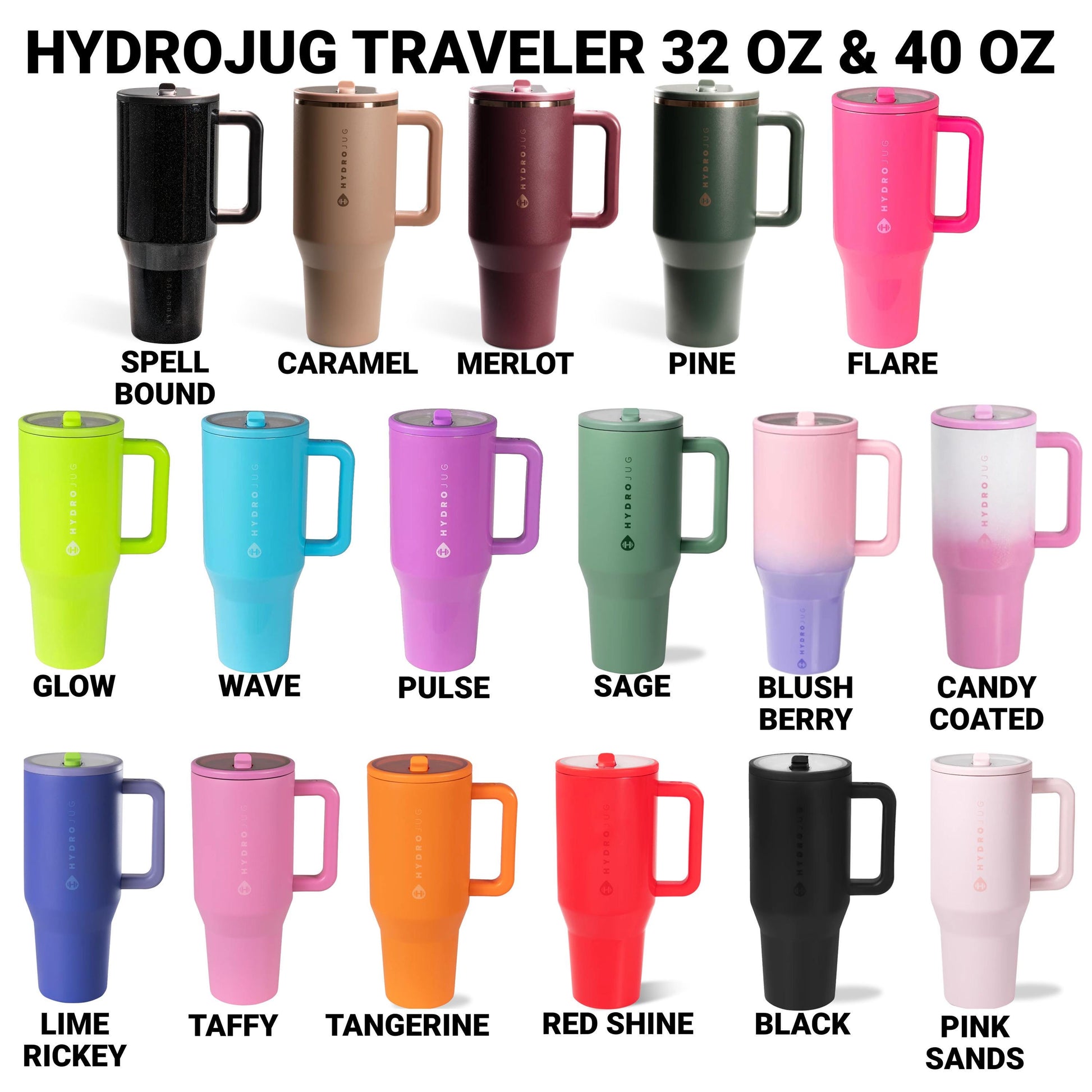 a collection of 12 colorful Hydrojugs, each with a unique color and design. The Hydrojugs are arranged in a grid pattern, showcasing a variety of colors and styles.