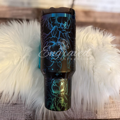 Engraved Stanley Tumbler - Custom Floral Stainless Steel Cup with Peony Flower Design