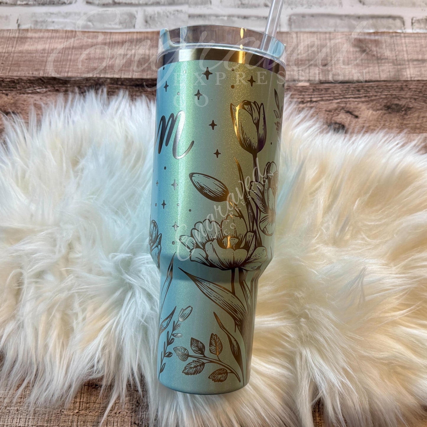 Engraved Stanley Tumbler | Vacuum Insulated Cup With Floral Pattern Design