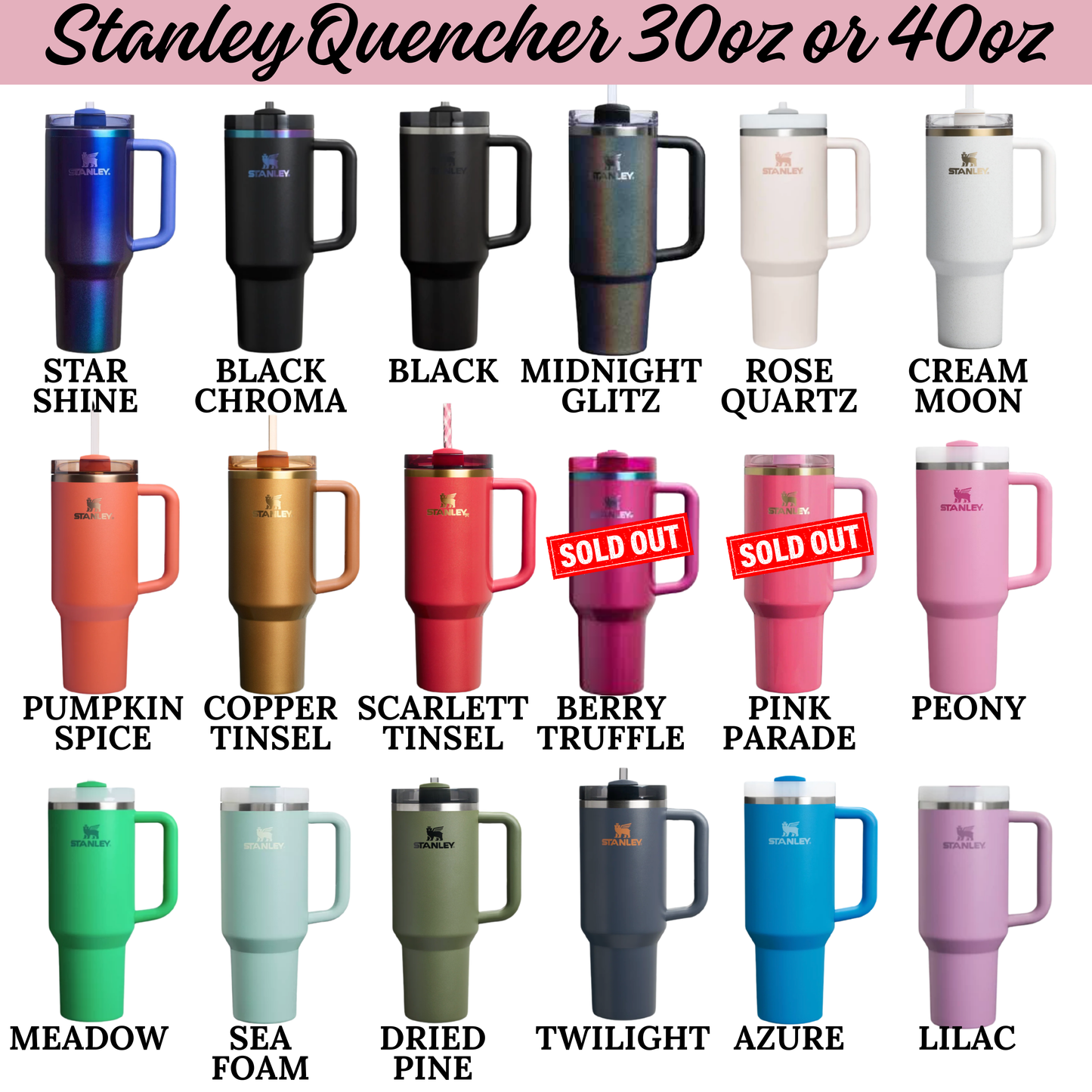 a collection of various colored stainless steel tumblers, including black, silver, pink, and blue, as well as some with different designs and patterns.