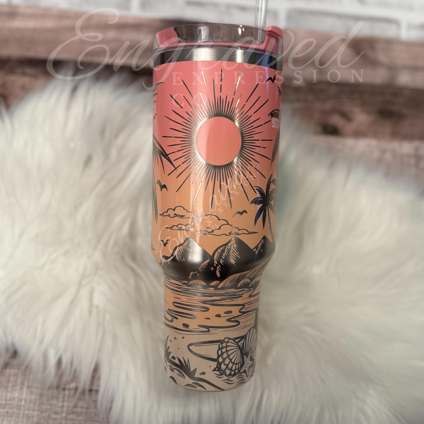 Laser Engraved Tumbler - Personalized Drinkware With Beach Sunset Design & Hibiscus Motif
