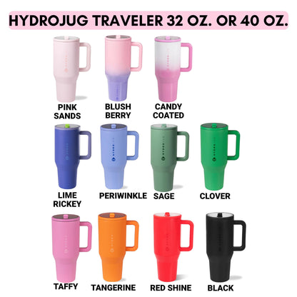 a collection of colorful, 32-ounce or 40-ounce travel mugs in various pastel shades, including pink, purple, blue, green, lime, periwinkle, sage, clover, taffy, tangerine, red shine, and black.
