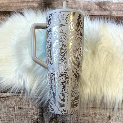 Engraved Brumate Tumbler - 40oz Insulated Stainless Steel Cup With Peony Floral Design
