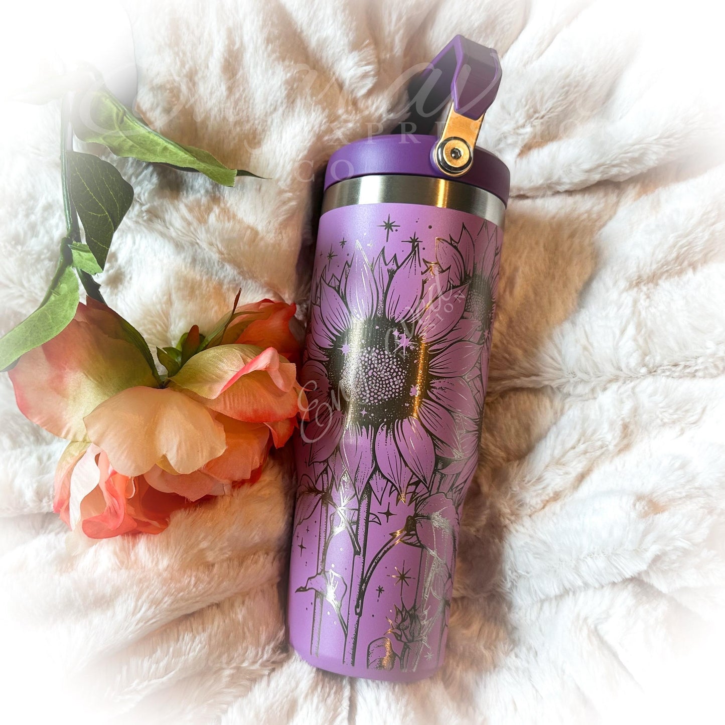 Stanley IceFlow Tumbler – 30 oz Insulated Lilac Cup with Engraved Sunflower Design