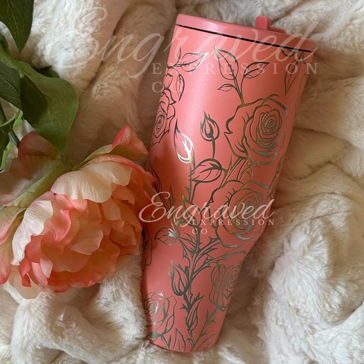 Engraved Hydrojug Tumbler - Summer Peach 40oz Leak Proof Floral Travel Mug