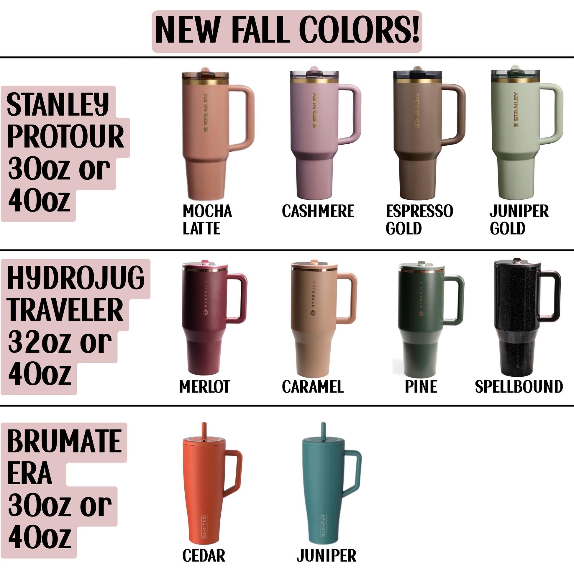 a collection of Starbucks stainless steel travel mugs in various fall colors, including pink, beige, green, and black.