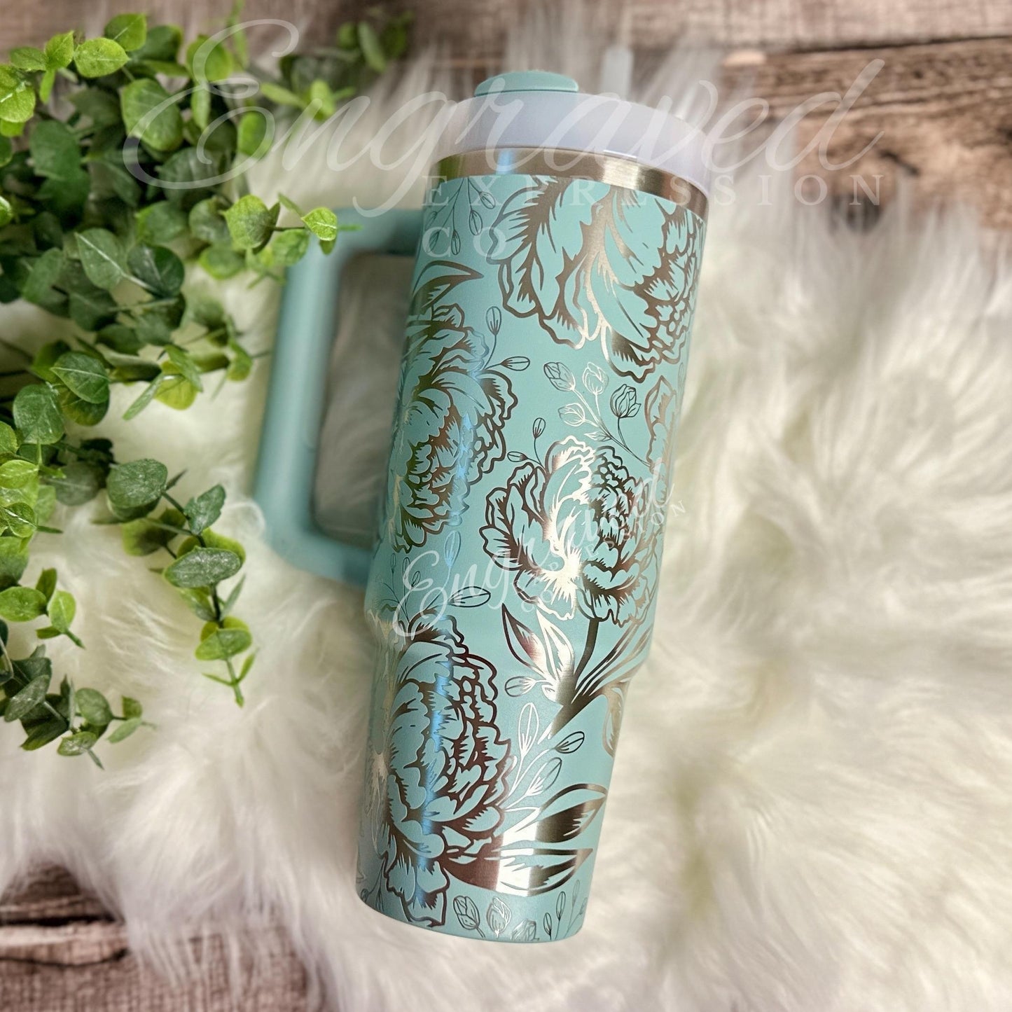 Engraved Stanley Tumbler - Peony Floral Design | Seafoam Stanley Quencher