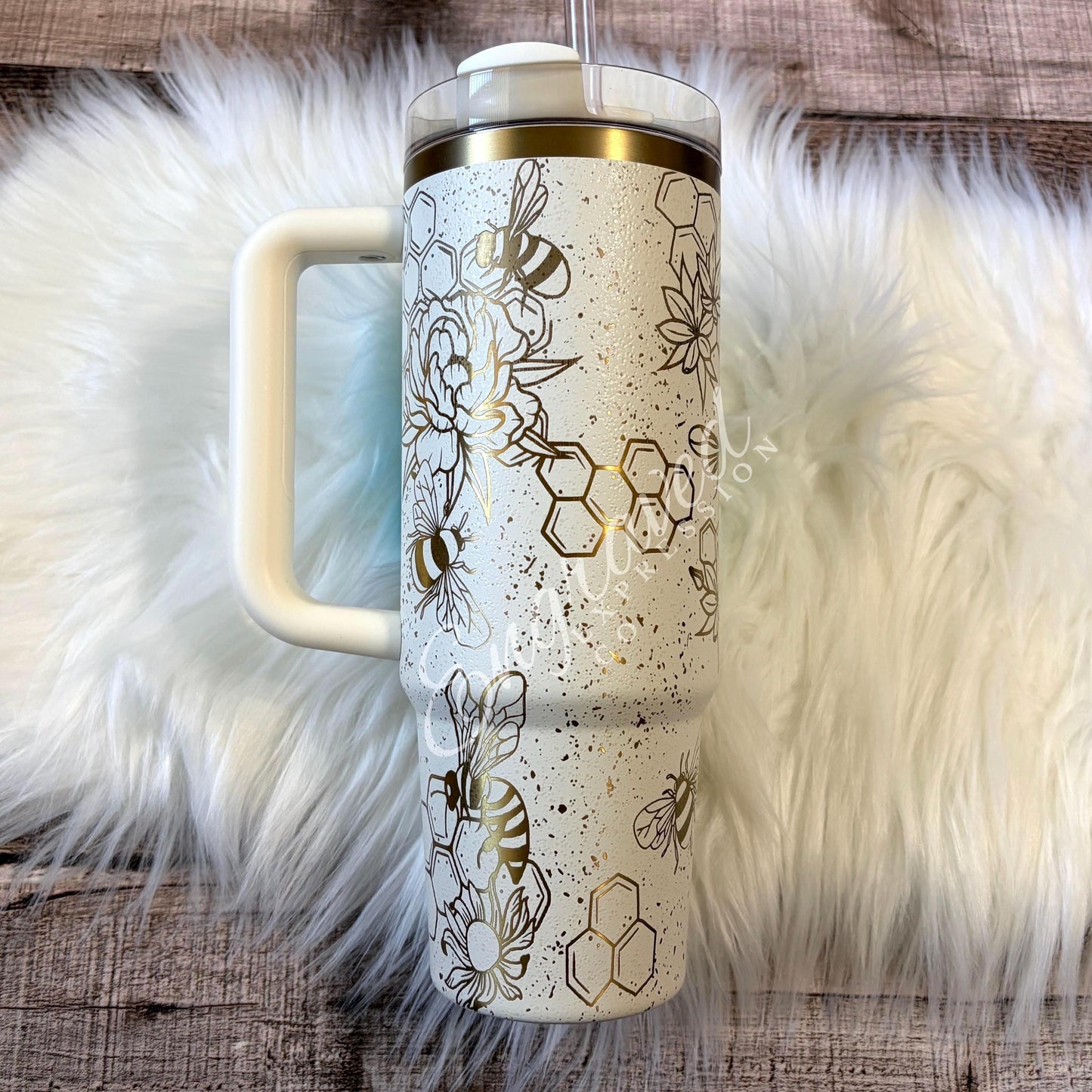 Laser Engraved Tumbler – Stanley Cream Moon With Bumblebee Design & Honeycomb Pattern
