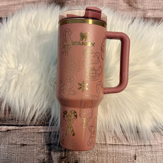 Engraved Stanley Tumbler - Laser Engraved Cup With Gingerbread Holiday Treats Design