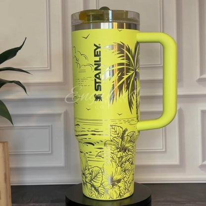 Stanley Pink Tumbler – Laser Engraved Full Wrap Beach Design Cup with Hibiscus Flowers