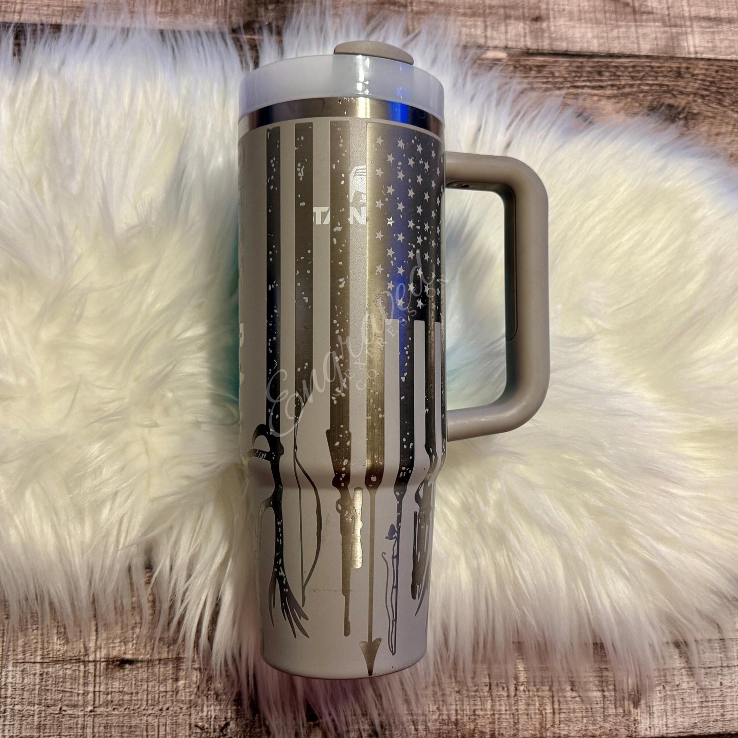 Engraved Stanley Tumbler 40oz | Custom Outdoorsman Gift | American Flag, Elk & Duck Design
