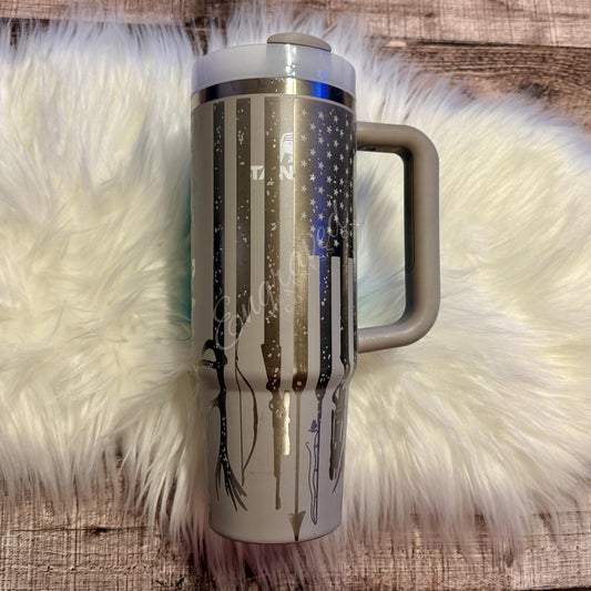 Engraved Stanley Tumbler 40oz | Custom Outdoorsman Gift | American Flag, Elk & Duck Design