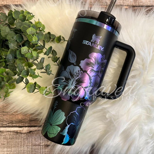 laser stanley black chroma. hibiscus flower engraving full wrap around the stanley cup