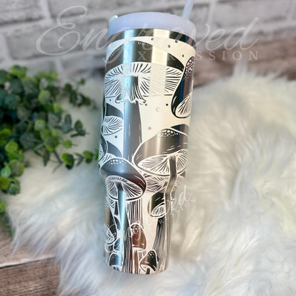Laser Engraved Tumbler - 40oz Stanley Quencher With Mushroom Design & Custom Name