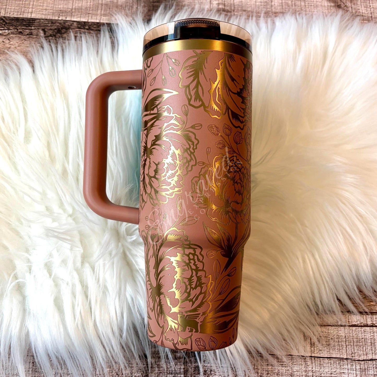 Stanley Protour Tumbler – Engraved Mocha Latte Stainless Steel Cup With Peony Floral Design