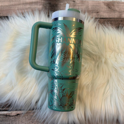 Stanley Quencher Tumbler | 40oz Vacuum Insulated Cup With Laser Engraved Tropical Palm Tree