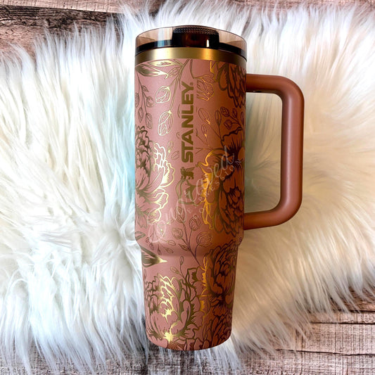 Stanley Protour Tumbler – Engraved Mocha Latte Stainless Steel Cup With Peony Floral Design