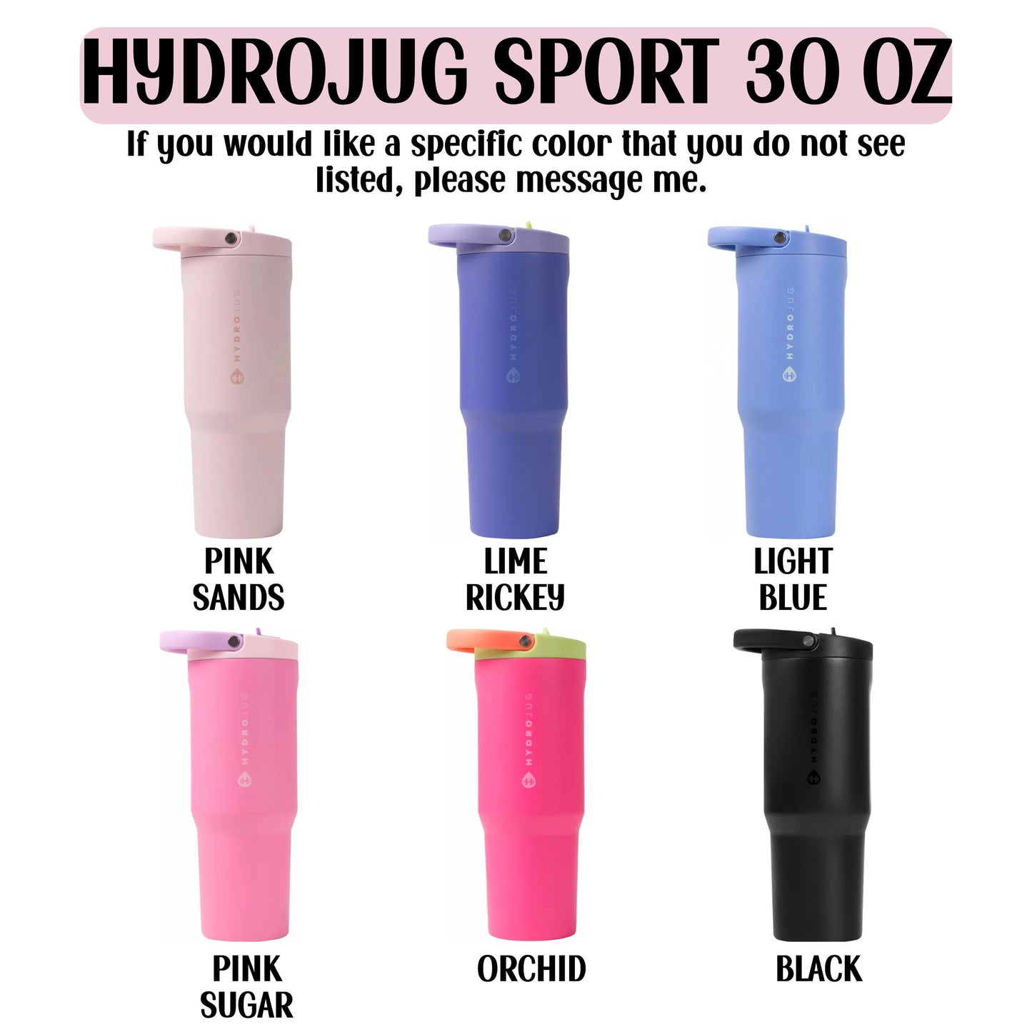 a collection of six different colored Hydrojugs, each with a unique color and design.