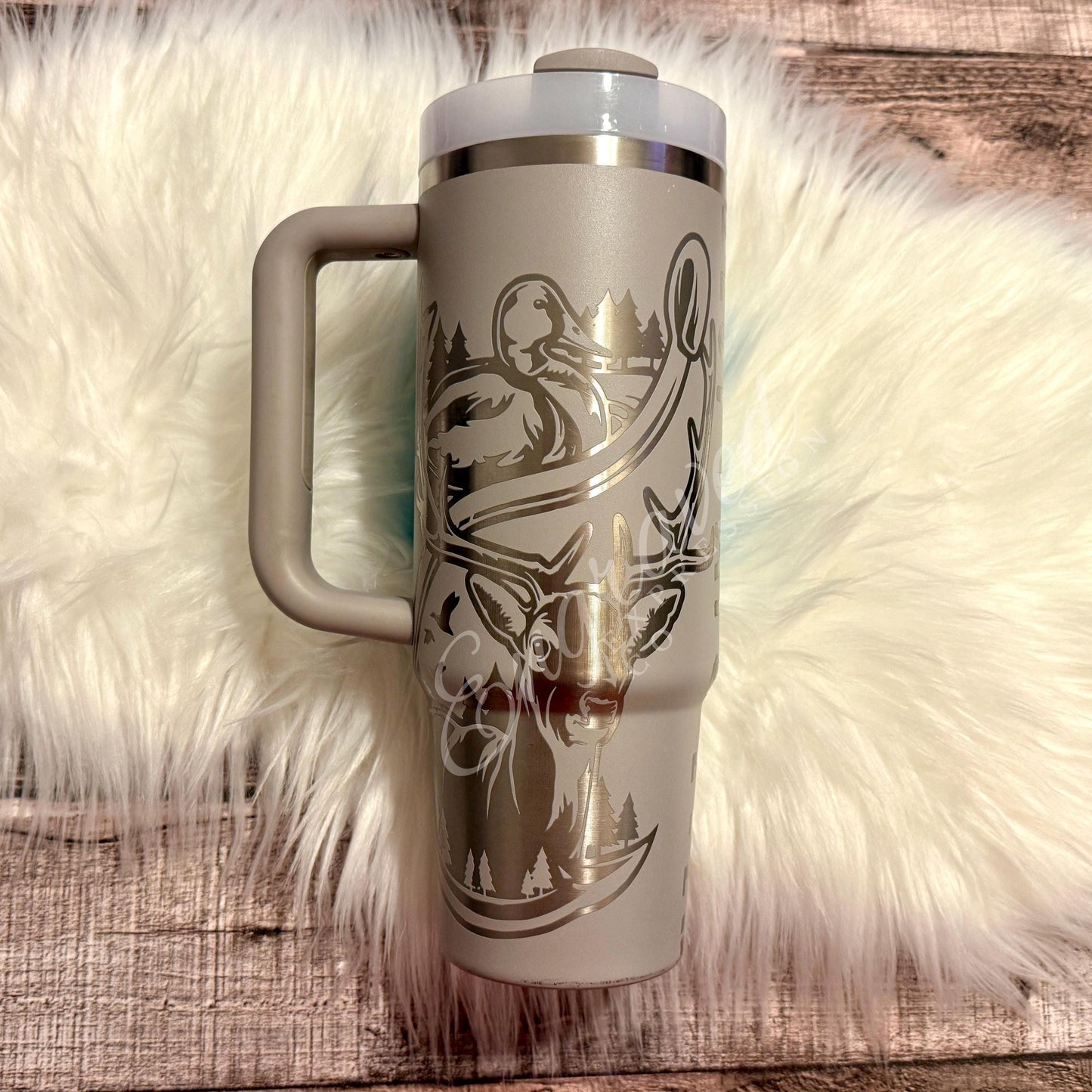 Engraved Stanley Tumbler 40oz | Custom Outdoorsman Gift | American Flag, Elk & Duck Design