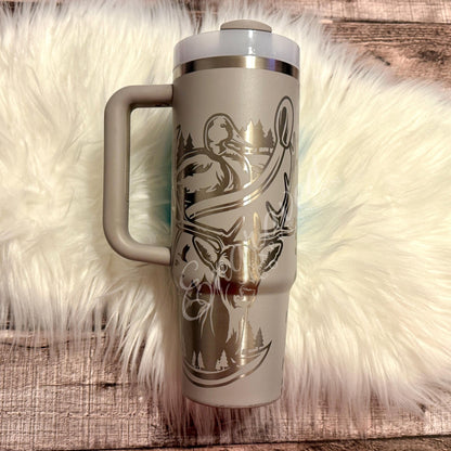 Engraved Stanley Tumbler 40oz | Custom Outdoorsman Gift | American Flag, Elk & Duck Design