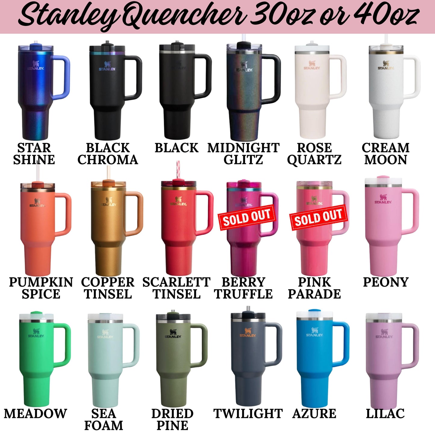 a collection of various colored stainless steel tumblers, including black, silver, pink, and blue, as well as some with different designs and patterns.