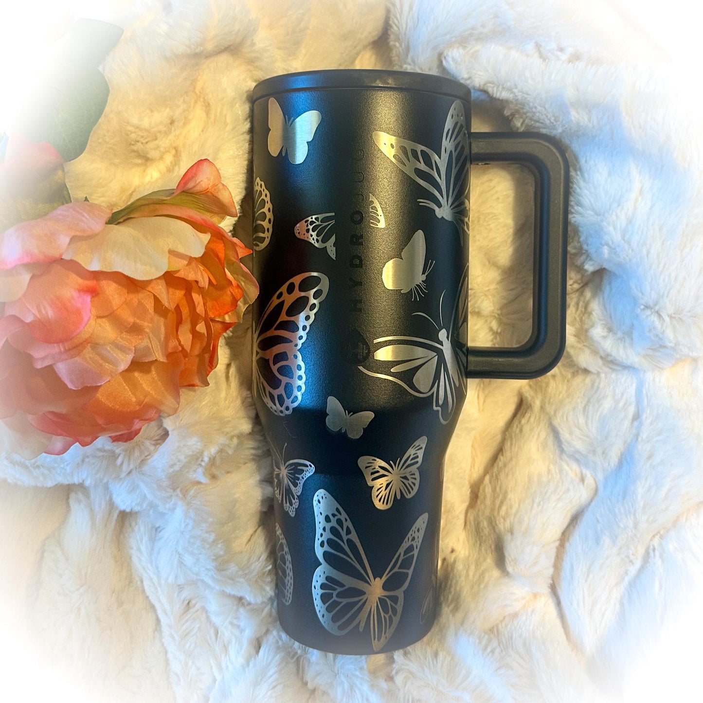 Engraved HydroJug Tumbler - 40oz Black Butterfly Insulated Stainless Steel Cup