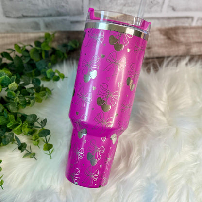 Stanley Quencher Tumbler – Vacuum Insulated Cup With Etched Coquette Bow & Cherry Bow Design