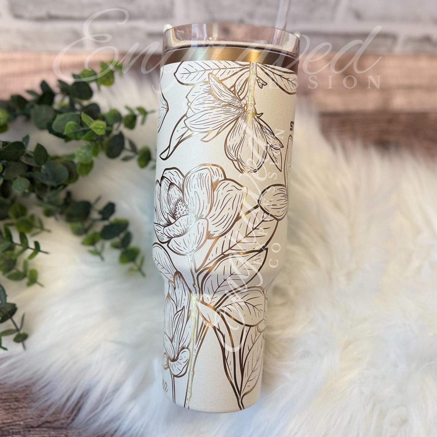 Stanley Quencher Tumbler - Engraved Floral Magnolia Design | Cream Moon 30 oz