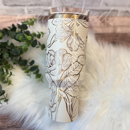Stanley Quencher Tumbler - Engraved Floral Magnolia Design | Cream Moon 30 oz
