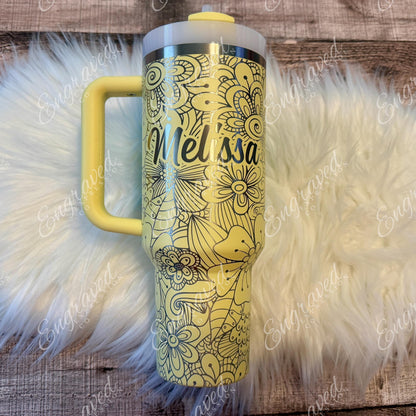 Engraved Stanley Quencher | Personalized Laser Tumbler with Full Wrap Floral Etched Design 30oz 40oz