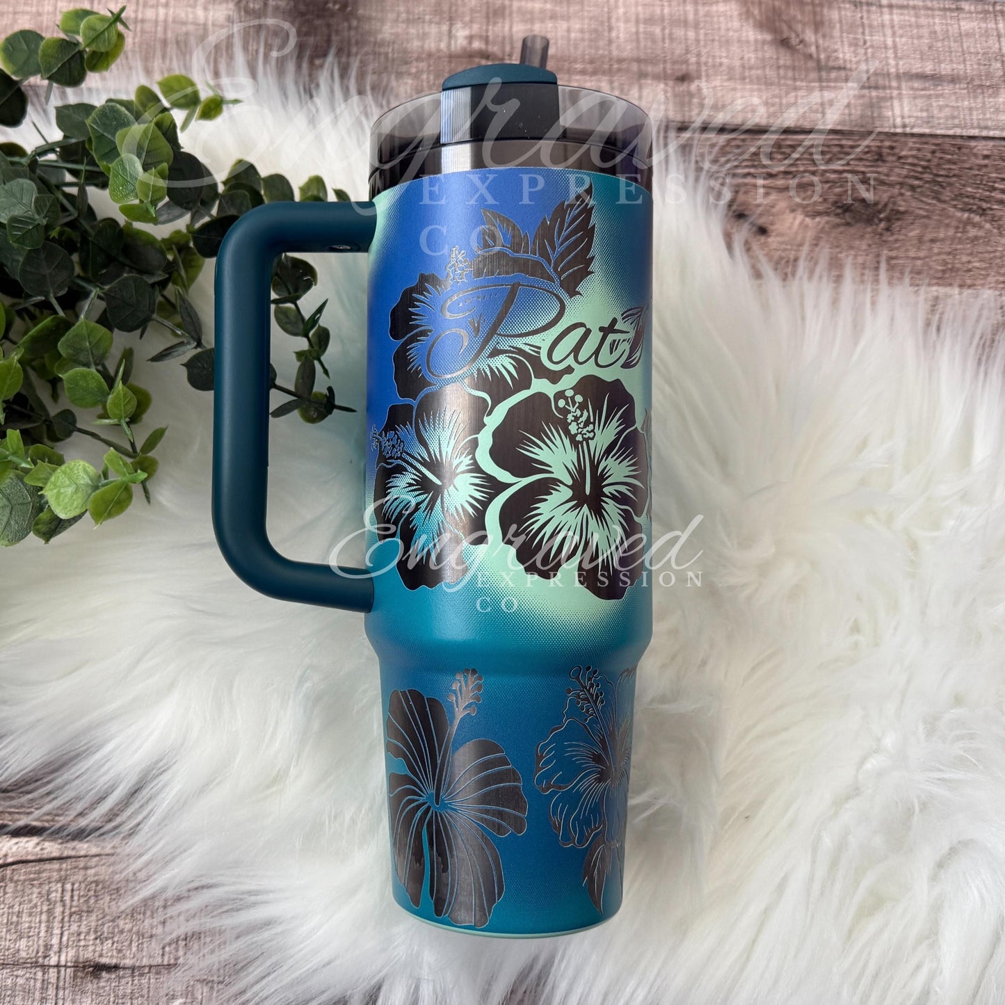 Stanley Quencher Tumbler | Laser Engraved Coastal Teal Tumbler With Hibiscus Design