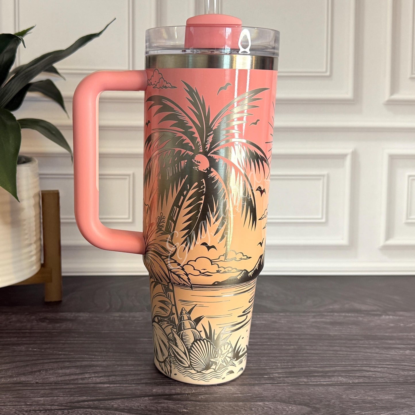 Laser Engraved Tumbler - Stanley Quencher Cup With Beach Design - Ombre Pink Mesa Sunset