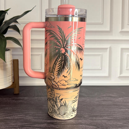 Laser Engraved Tumbler - Stanley Quencher Cup With Beach Design - Ombre Pink Mesa Sunset