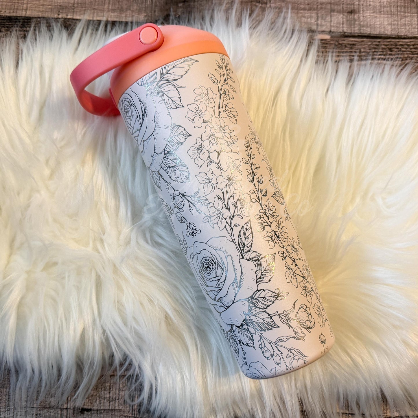 Engraved Floral Tumbler – Personalized Name Cup with Rose and Larkspur Design