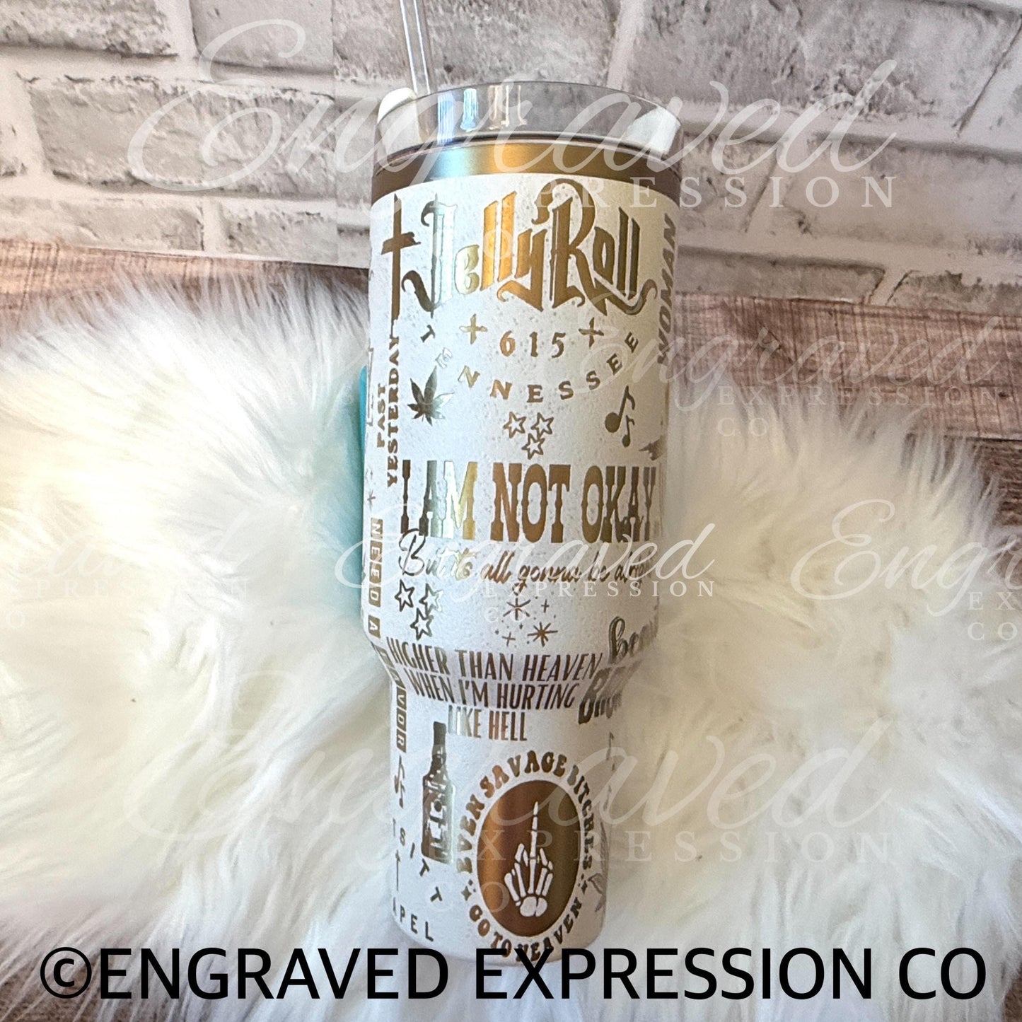 Engraved Stanley Tumbler – Gold Laser Design Moon Stainless Steel Cup