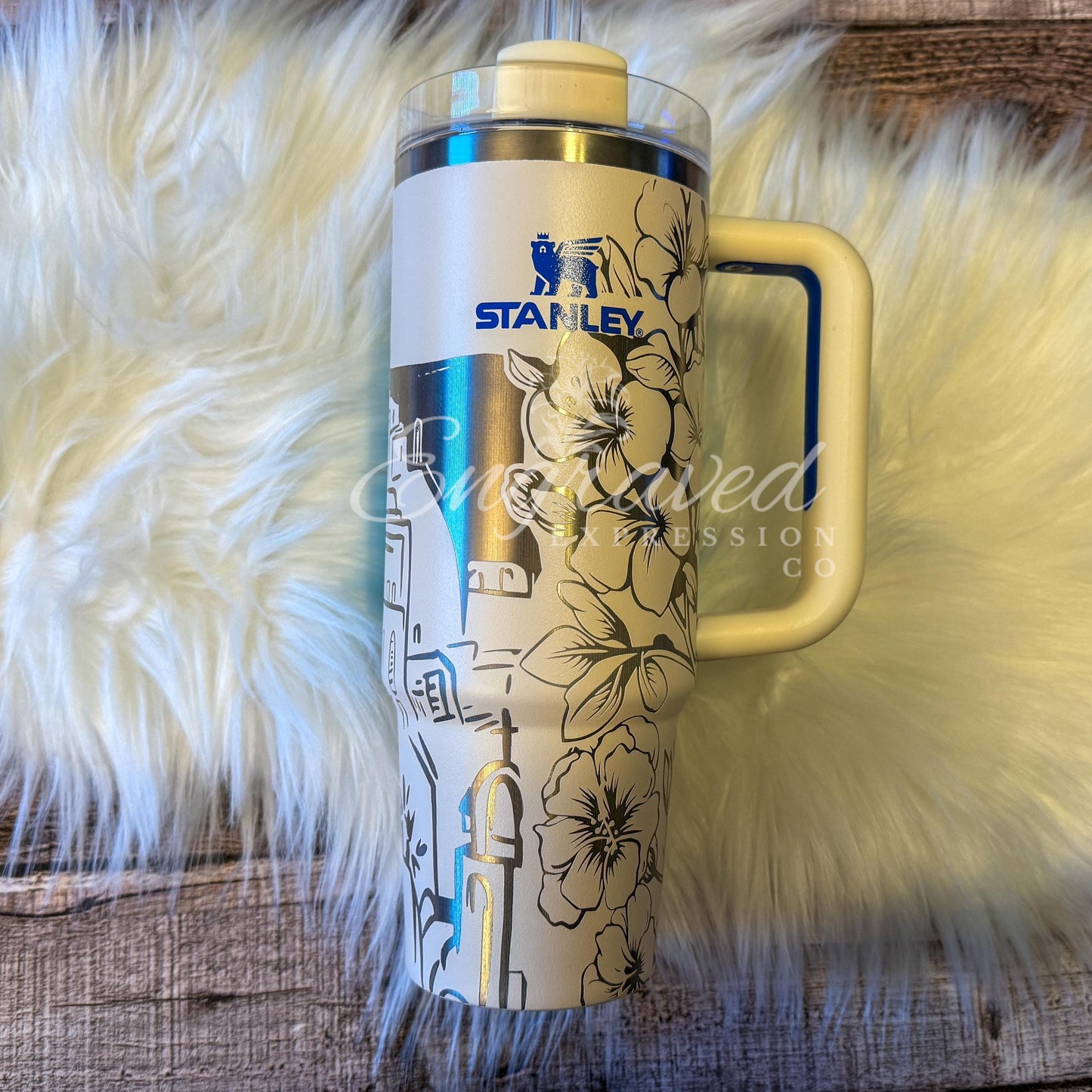 Engraved Stanley Tumbler – Santorini Greece Design | Royal Cream Stainless Steel Cup