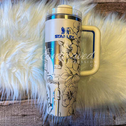 Engraved Stanley Tumbler – Santorini Greece Design | Royal Cream Stainless Steel Cup