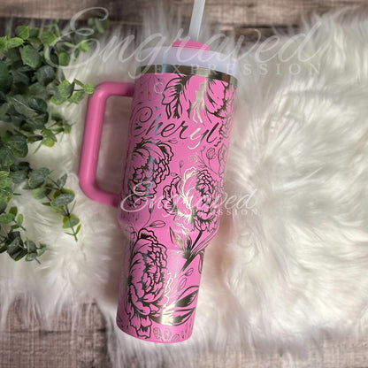 Engraved Stanley Tumbler | Peony Flower Design | Vacuum Insulated Double Wall Cup