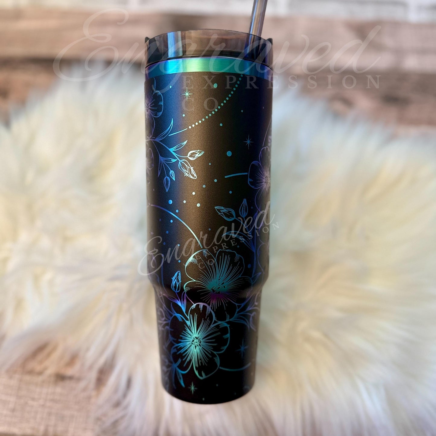 Engraved Stanley Tumbler | Black Chroma 40 oz Travel Mug with Boho Floral Design