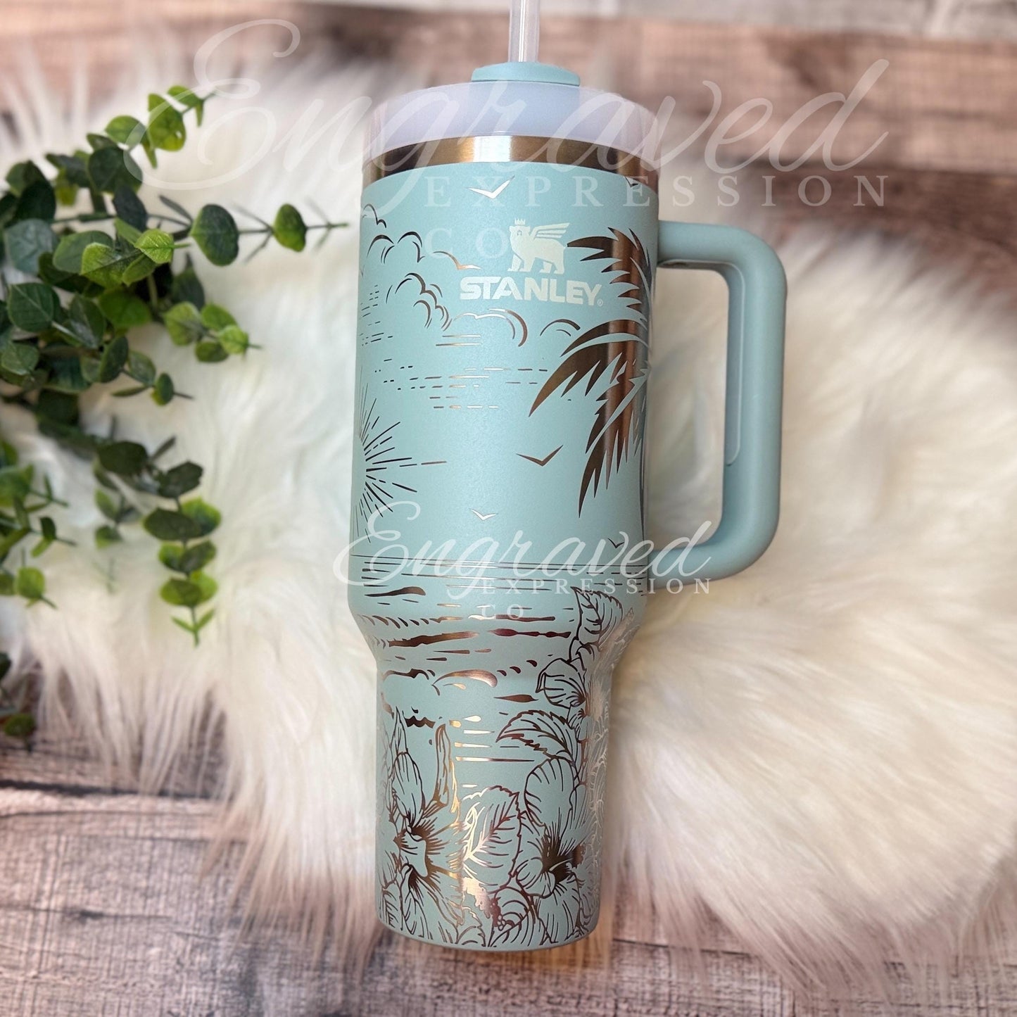 Laser Engraved Tumbler - Stanley Insulated Travel Cup With Beach Design & Floral Engraving