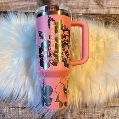 Laser Engraved Tumbler – Stanley Stainless Steel Cup with Pink Mesa Hibiscus Floral Design